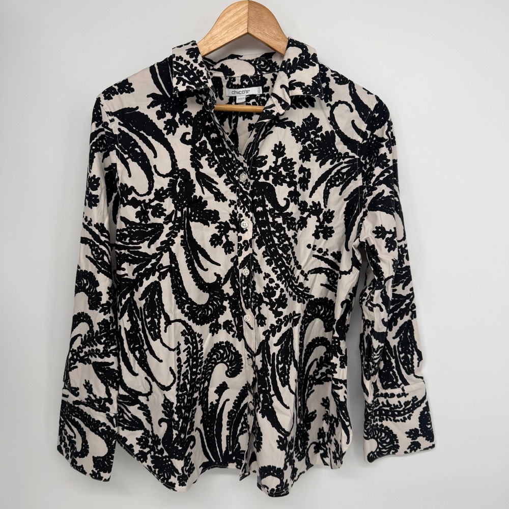 NWOT Chicos Size 2 Black White Paisley Floral Cotton Button Down Shirt 12-14 L